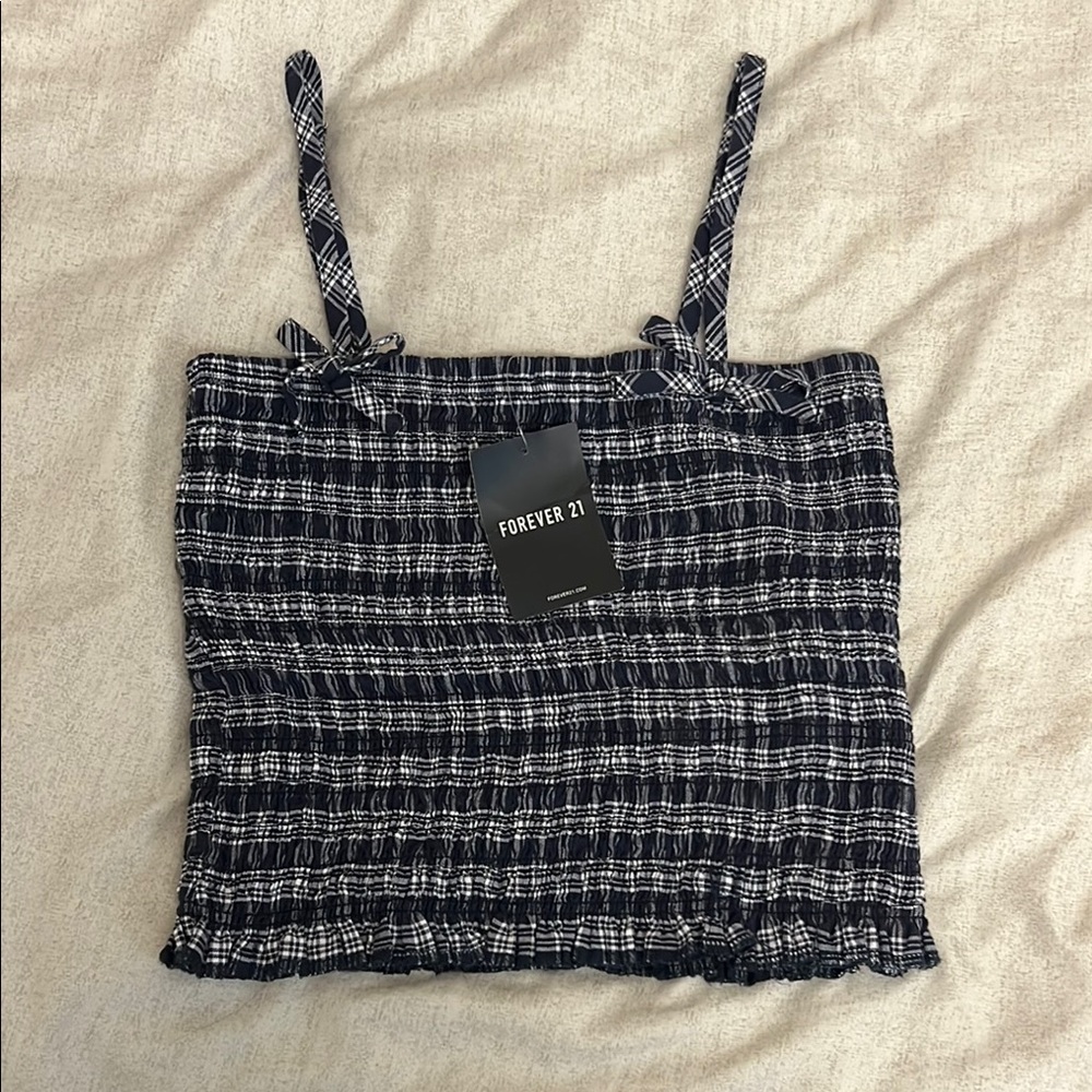 Forever 21 Navy and White Smocked Bows Crop Tank Top